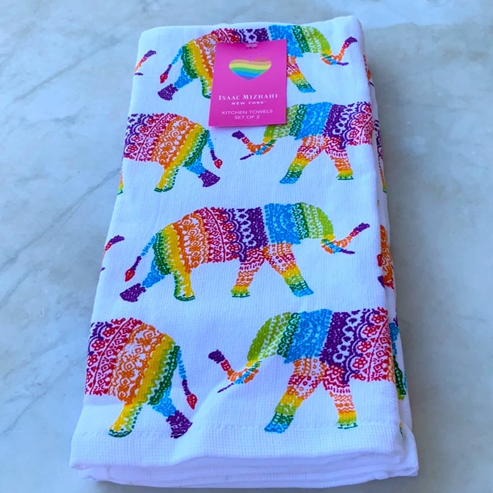ISAAC MIZRAHI KITCHEN TOWELS ELEPHANT RAINBOW COLORS SET OF 2 NEW OEKO-…